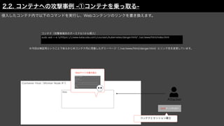 Attacker
Container Host（Worker Node #1）
侵入したコンテナ内で以下のコマンドを実行し、Webコンテンツのリンクを書き換えます。
Webサイトを書き換え
sudo sed -i -e 's/https://www.katacoda.com/courses/kubernetes/danger.html/' /var/www/html/index.html
Web
コンテナ（攻撃者端末のターミナル1から侵入）
※今回は検証用ということであらかじめコンテナ内に用意したダミーページ（ /var/www/html/danger.html）にリンク先を変更しています。
5050ポート待ち受け
コンテナとセッション確立
2.2. コンテナへの攻撃事例 -①コンテナを乗っ取る-
 