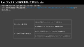 ①コンテナを乗っ取る
外部からの不正なリクエストによりコンテナに侵入された
コンテナ内のファイル（Webコンテンツ）を書き換えられた
②コンテナホストを乗っ取る
コンテナ内で用意した不正なプログラムをホスト上に配置された
コンテナからホストのcgroupを操作され、不正なプログラムを実行された
今回の攻撃で行われたことを整理すると以下のようになります。
これらの攻撃は開発者の責任範囲であるコンテナイメージ及びコンテナレイヤに含まれるセキュリティリスクを悪用して
行われました。
2.4. コンテナへの攻撃事例 -攻撃のまとめ-
 