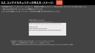 今回攻撃が成立してしまったケースにおいて、開発者が用意したイメージ（Docker
fi
le）がどうだったか見てみましょう。
一見Docker
fi
le内で行っていることに問題はなさそうです。
しかしながら使用しているベースイメージは本当に信頼できるものなのでしょうか。
FROM mochizuki875/cve-2014-6271-apache-debian:buster
# Place content
COPY index.html /var/www/html/
RUN chown www-data:www-data /var/www/html/index.html
開発者が用意したDocker
fi
le
（mochizuki875/training-website-poc:v1.0）
※今回はあくまで例なのであからさまに怪しいベースイメージ名になっていますが、
 実際のケースでは開発者が何となく選定したイメージを想定してください
 （例えば開発者がDockerHubで"performance-lab/high-performance-httpd:v1.0"のようなものを見つけて使用）
3.2. コンテナセキュリティの考え方 -イメージ- リスク
 