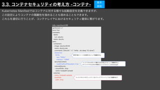 Kubernetes Manifestではコンテナに対する様々な起動設定を定義できますが、
この設定によりコンテナの隔離性を強めることも弱めることもできます。
これらを適切に行うことが、コンテナレイヤにおけるセキュリティ確保に繋がります。
apiVersion: v1
kind: Pod
metadata:
labels:
run: ubuntu
name: ubuntu
spec:
containers:
- image: ubuntu:20.04
name: ubuntu-sec
command: ["/bin/sh", "-c", "while :; do sleep 10; done"]
resources:
limits:
cpu: "500m"
memory: "128Mi"
securityContext:
readOnlyRootFilesystem: true
volumeMounts:
- mountPath: /tmp
name: hostpath-sample
volumes:
- name: hostpath-sample
hostPath:
path: /tmp
k8s manifestの例
使用可能リソースを制限することで隔離性向上
コンテナのrootfsへの書き込みを禁止することで隔離性向上
※コンテナのrootfsの実態はコンテナホスト上のOverlayfs
コンテナホストのディレクトリをバインドマウントしており隔離性低下
3.3. コンテナセキュリティの考え方 -コンテナ-
基本
原則
 