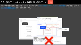 コンテナを特権で動作させるということはコンテナプロセスにホストの特権ユーザー（root）と同等の権限を持たせることになり、
コンテナの隔離性を低下させることに繋がります。
Container Host
OS
process A
rootfs(/)
process B
process C
rootfs(/)
process D
Container
Isolation
Namespace：プロセスの実行空間を隔離
pivot_root + OverlayFS：rootfsを隔離
Limitation
cgroup：リソースを制限
Restriction
Capability：プロセスの権限範囲を制限
Seccomp：システムコールを制限
MAC（AppArmor/SELinux）：ファイルアクセスを制限
ReadOnlyMount：重要なファイルシステム（/procや/sys等）をROでマウント
                                    etc
Privileged
ホストの特権ユーザーと
同等の権限
3.3. コンテナセキュリティの考え方 -コンテナ- リスク
 