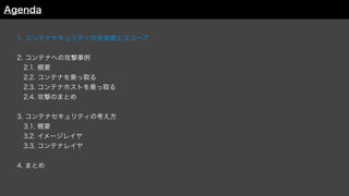 1. コンテナセキュリティの全体像とスコープ
2. コンテナへの攻撃事例
 2.1. 概要
 2.2. コンテナを乗っ取る
 2.3. コンテナホストを乗っ取る
 2.4. 攻撃のまとめ
3. コンテナセキュリティの考え方
 3.1. 概要
 3.2. イメージレイヤ
3.3. コンテナレイヤ
4. まとめ
Agenda
 