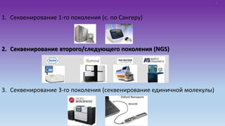 1. Секвенирование 1-го поколения (с. по Сангеру)
2. Секвенирование второго/следующего поколения (NGS)
3. Секвенирование 3-го поколения (секвенирование единичной молекулы)
Oxford Nanopore
MinION
SeqStudio
2
 