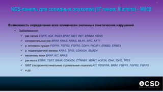 Возможность определения всех клинически значимых генетических нарушений
• Заболевания:
 рак легких EGFR, ALK, ROS1,BRAF, MET, RET, ERBB2, KRAS
 колоректальный рак BRAF, KRAS, NRAS, MLH1, APC, AKT1
 р. мочевого пузыря FGFR1, FGFR2, FGFR3, CDH1, PIC3R1, ERBB2, ERBB3
 р. поджелудочной железы KRAS, TP53, CDKN2A, SMAD4
 меланомы кожи BRAF, KIT, NRAS
 рак мозга EGFR, TERT, BRAF, CDKN2A, CTNNB1, MGMT, H3F3A, IDH1, IDH2, TP53
 GIST (гастроинтестинальные стромальные опухоли) KIT, PDGFRA, BRAF, FGFR1, FGFR2, FGFR3
 и др.
NGS-панель для солидных опухолей (67 генов; Illumina) - M069
34
 