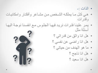 •
‫الذات‬
:
-
•
‫يهت‬‫ي‬‫ي‬ ‫اامخه‬ ‫يهر‬‫ي‬‫خ‬ ‫ات‬ ‫يهار‬‫ي‬‫مش‬ ‫يا‬‫ي‬‫م‬ ‫ير‬‫ي‬‫الش‬ ‫يم‬‫ي‬‫الشخ‬ ‫يه‬‫ي‬‫م‬ ‫ي‬‫ي‬ ‫يك‬‫ي‬‫ه‬
‫اقدرات‬
•
‫ي‬‫ي‬ ‫ه‬ ‫ي‬‫ي‬ ‫ا‬ ‫ي‬‫ي‬‫م‬ ‫ن‬ ‫ي‬‫ي‬‫الجش‬ ‫يه‬‫ي‬‫يس‬ ‫يد‬‫ي‬‫را‬ ‫يرات‬‫ي‬‫ت‬ ‫يه‬‫ي‬ ‫اشي‬ ‫ير‬‫ي‬‫ال‬
‫يه‬‫ي‬‫اليس‬ ‫ة‬
‫مث‬ ‫تسئشة‬
•
‫؟‬ ‫قدراتك‬ ‫ما‬ ‫ااثق‬ ‫ه‬ ‫ا‬ ‫ه‬
•
‫ك‬ ‫اا‬ ‫راضك‬ ‫ه‬ ‫ا‬ ‫ه‬
‫؟‬
•
‫؟‬ ‫حيهتك‬ ‫ما‬ ‫السدف‬ ‫ه‬ ‫مه‬
•
‫؟‬ ‫ح‬ ‫ه‬ ‫ه‬ ‫ا‬ ‫ه‬
•
‫؟‬ ‫سعيد‬ ‫ه‬ ‫ا‬ ‫ه‬
 