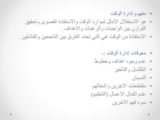 •
‫قت‬ ‫ال‬ ‫إدارة‬ ‫م‬ ‫س‬ ‫م‬
•
‫اتحقي‬ ‫القص‬ ‫هدة‬ ‫ااالست‬ ‫قت‬ ‫ال‬ ‫ارد‬ ‫لل‬ ‫مث‬ ‫ا‬ ‫االستغالل‬ ‫ه‬
‫ق‬
‫ااالهداف‬ ‫االرغبهت‬ ‫بهت‬ ‫ا‬ ‫ال‬ ‫بيا‬ ‫ازد‬ ‫الت‬
.
•
‫اال‬ ‫حيا‬ ‫ه‬ ‫ال‬ ‫بيا‬ ‫هرق‬ ‫ال‬ ‫تحدد‬ ‫التك‬ ‫هك‬ ‫قت‬ ‫ال‬ ‫ما‬ ‫هدة‬ ‫االست‬
‫هششيا‬
.
•
‫قت‬ ‫ال‬ ‫إدارة‬ ‫قهت‬ ‫مع‬
:
-
•
‫ط‬ ‫انط‬ ‫اهداف‬ ‫د‬ ‫ا‬ ‫ادم‬
•
‫االتأنير‬ ‫التخهس‬
•
‫يهد‬ ‫ال‬
•
‫ااشغهلسم‬ ‫االنراا‬ ‫مقهطعهت‬
•
‫االالهل‬ ‫لهل‬ ‫ا‬ ‫ادم‬
(
‫ظيم‬ ‫الت‬
)
•
‫االنراا‬ ‫سم‬ ‫ء‬ ‫س‬
 