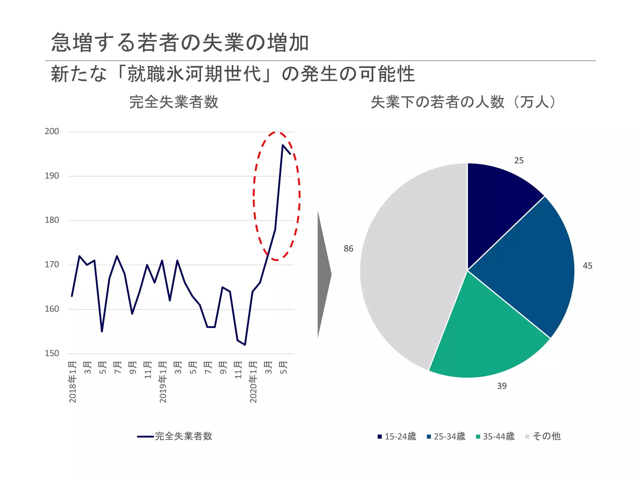 150
160
170
180
190
200
2018年1月
3月
5月
7月
9月
11月
2019年1月
3月
5月
7月
9月
11月
2020年1月
3月
5月
完全失業者数
完全失業者数
25
45
39
86
失業下の若者の人数（万人）
15-24歳 25-34歳 35-44歳 その他
急増する若者の失業の増加
新たな「就職氷河期世代」の発生の可能性
 