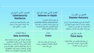 ‫المعلومات‬ ‫لتوكٌد‬ ‫مفهوم‬ ‫هو‬
(Information Assurance)
‫حٌث‬
‫الضوابط‬ ‫من‬ ‫متعددة‬ ‫مستوٌات‬ ‫وضع‬ ‫ٌتم‬
‫األمنٌة‬
ً‫ف‬ ‫كدفاع‬
‫المعلومات‬ ‫تمنٌة‬ ‫نظام‬
IT)
‫التشغٌل‬ ‫تمنٌة‬ ‫أو‬
(OT).
‫المراحل‬ ‫متعدد‬ ً‫األمن‬ ‫الدفاع‬
Defense-in-Depth
‫الصمود‬ ‫على‬ ‫للجهة‬ ‫الشاملة‬ ‫المدرة‬
‫ومسببات‬ ،‫السٌبرانٌة‬ ‫األحداث‬ ‫أمام‬
ً‫التعاف‬ ‫و‬ ‫الضرر‬
‫منها‬
.
ً‫السٌبران‬ ً‫األمن‬ ‫الصمود‬
Cybersecurity
Resilience
‫إلرجاع‬ ‫المصممة‬ ‫والخطط‬ ‫والبرامج‬ ‫األنشطة‬
‫إلى‬ ‫للجهة‬ ‫الحٌوٌة‬ ‫األعمال‬ ‫وخدمات‬ ‫وظائف‬
‫هجمات‬ ‫إلى‬ ‫التعرض‬ ‫بعد‬ ،‫ممبولة‬ ‫حالة‬
‫والوظائف‬ ‫الخدمات‬ ‫لهذه‬ ‫تعطل‬ ‫أو‬ ‫سٌبرانٌة‬
‫الكوارث‬ ‫من‬ ً‫التعاف‬
Disaster Recovery
‫مكان‬ ً‫ف‬ ‫ٌحدث‬ ‫شًء‬
‫مثل‬ ‫محدد‬
‫والتطبٌمات‬ ‫واألنظمة‬ ‫الشبكة‬
‫وغٌرها‬
ً‫وف‬
‫محدد‬ ‫ولت‬
‫حدث‬
Event
‫بشكل‬ ‫مستخدمة‬ ‫تعد‬ ‫لم‬ ً‫الت‬ ‫البٌانات‬ ‫نمل‬ ‫عملٌة‬
‫طوٌل‬ ‫للحفظ‬ ‫منفصل‬ ‫تخزٌن‬ ‫جهاز‬ ً‫ف‬ ‫فعال‬
‫لدٌمة‬ ‫بٌانات‬ ‫من‬ ‫األرشٌف‬ ‫بٌانات‬ ‫تتكون‬ ،‫األجل‬
‫للرجوع‬ ‫مطلوبة‬ ‫تكون‬ ‫ولد‬ ‫للجهة‬ ‫مهمة‬ ‫تزال‬ ‫ال‬
‫بها‬ ‫االحتفاظ‬ ‫ٌجب‬ ‫وبٌانات‬ ،‫المستمبل‬ ً‫ف‬ ‫إلٌها‬
‫العاللة‬ ‫ذات‬ ‫والتنظٌمات‬ ‫بالتشرٌعات‬ ‫لاللتزام‬
.
‫أرشفة‬
‫البٌانات‬
Data Archiving
‫تعالدٌة‬ ‫عاللة‬ ً‫ف‬ ‫كطرف‬ ‫تعمل‬ ‫جهة‬ ‫أي‬
‫أو‬ ‫السلع‬ ‫لتمدٌم‬
‫وهذا‬ ‫الخدمات‬
‫ٌشمل‬
‫الخدمات‬ ‫ومزودي‬ ‫موردي‬
‫طرف‬
ً‫خارج‬
Third-Party
 