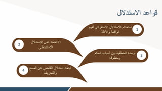 ‫االستدالل‬ ‫قواعد‬
1
‫االستقرائ‬ ‫االستدالل‬ ‫استخدام‬
‫لفهم‬ ‫ي‬
‫واألدلة‬ ‫الواقعة‬
2
‫االستدالل‬ ‫على‬ ‫االعتماد‬
‫االستنباطي‬
3
‫ا‬ ‫أسباب‬ ‫بين‬ ‫المنطقية‬ ‫لوحدة‬
‫لحكم‬
‫ومنطوقه‬
4
‫ا‬ ‫عن‬ ‫القاضي‬ ‫استدالل‬ ‫ابتعاد‬
‫لمسخ‬
‫والتحريف‬
 