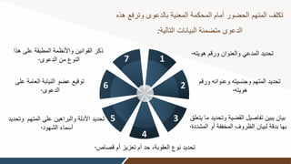‫وتر‬ ‫بالدعوى‬ ‫المعنية‬ ‫المحكمة‬ ‫أمام‬ ‫الحضور‬ ‫المتهم‬ ‫تكلف‬
‫هذه‬ ‫فع‬
‫التالية‬ ‫البيانات‬ ‫متضمنة‬ ‫الدعوى‬
:
2
6
7 1
4
3
5
‫هويته‬ ‫ورقم‬ ‫والعنوان‬ ‫المدعي‬ ‫تحديد‬
.
‫و‬ ‫وعنوانه‬ ‫وجنسيته‬ ‫المتهم‬ ‫تحديد‬
‫رقم‬
‫هويته‬
.
‫وتح‬ ‫القضية‬ ‫تفاصيل‬ ‫يبين‬ ‫بيان‬
‫يتعلق‬ ‫ما‬ ‫ديد‬
‫أو‬ ‫المخففة‬ ‫الظروف‬ ‫لبيان‬ ‫بدقة‬ ‫بها‬
‫المشددة‬
.
‫قص‬ ‫أم‬ ‫تعزيز‬ ‫أم‬ ‫حد‬ ‫العقوبة‬ ‫نوع‬ ‫تحديد‬
‫اص‬
.
‫المتهم‬ ‫على‬ ‫والبراهين‬ ‫األدلة‬ ‫تحديد‬
‫وتحديد‬
‫الشهود‬ ‫أسماء‬
.
‫على‬ ‫العامة‬ ‫النيابة‬ ‫عضو‬ ‫توقيع‬
‫الدعوى‬
.
‫ه‬ ‫على‬ ‫المطبقة‬ ‫واألنظمة‬ ‫القوانين‬ ‫ذكر‬
‫ذا‬
‫الدعوى‬ ‫من‬ ‫النوع‬
.
 