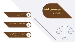 ‫وووووووعات‬‫و‬‫موض‬
‫الجلسة‬
‫تدريبي‬ ‫نشاط‬ 1
2
‫محا‬ ‫توكيل‬ ‫في‬ ‫المتهم‬ ‫حق‬
ٍ‫م‬
3
‫مرح‬ ‫في‬ ‫ا‬ً‫م‬‫نظا‬ ‫المتهم‬ ‫حقوق‬
‫لة‬
‫المحاكمة‬
 