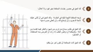 4
‫أغالل‬ ‫وال‬ ‫قيود‬ ‫ير‬ ‫ب‬ ‫المحكمة‬ ‫جلسات‬ ‫حضور‬ ‫في‬ ‫الحق‬ ‫لك‬
.
5
‫الجلسوة‬ ‫في‬ ‫إليك‬ ‫التهمة‬ ‫المحكمة‬ ‫توجه‬
.
ُ‫ت‬ ْ‫أن‬ ‫فوي‬ ‫الحوق‬ ‫ولوك‬
‫عليوك‬ ‫تلوى‬
‫منها‬ ‫صورة‬ ‫عطى‬ُ‫ت‬ ‫وأن‬ ‫لك‬ ‫ح‬َّ‫ض‬‫تو‬ ْ‫وأن‬ ‫الدعوى‬ ‫الئحة‬
.
6
‫تق‬ ‫فيموا‬ ‫والنظور‬ ‫شوهود‬ ‫مون‬ ‫تورى‬ ‫مون‬ ‫سوماع‬ ‫طلوب‬ ‫في‬ ‫الحق‬ ‫لك‬
‫مون‬ ‫دموه‬
‫أدلة‬
.
‫منوه‬ ‫ورض‬ ‫ال‬ َّ‫أن‬ ‫رأت‬ ‫إذا‬ ‫الطلب‬ ‫ترفض‬ ْ‫أن‬ ‫وللمحكمة‬
‫المماطلوة‬
‫التضليل‬ ‫أو‬
.
7
‫يتكلم‬ ْ‫ن‬‫م‬ ‫آخر‬ ‫تكون‬ ْ‫أن‬ ‫المحاكمة‬ ‫أثناء‬ ‫الحق‬ ‫لك‬
.
 