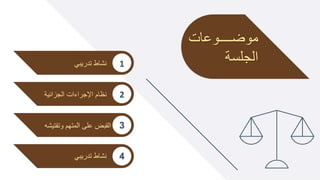 ‫وووووووعات‬‫و‬‫موض‬
‫الجلسة‬
‫تدريبي‬ ‫نشاط‬ 1
2
‫الجزائية‬ ‫اإلجراءات‬ ‫نظام‬
‫وتفتي‬ ‫المتهم‬ ‫على‬ ‫القبض‬
‫شه‬ 3
4
‫تدريبي‬ ‫نشاط‬
 
