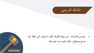 •
‫المشارك‬ ‫عزيزي‬
:
‫ذهن‬ ‫إلى‬ ‫يتبادر‬ ‫ما‬ ‫اكتب‬ ‫نظرك؛‬ ‫وجهة‬ ‫من‬
‫عند‬ ‫ك‬
‫مصطلح‬ ‫سماع‬
:
‫الجزائية‬ ‫اإلجراءات‬ ‫نظام‬
.
‫تدريبي‬ ‫نشاط‬
 
