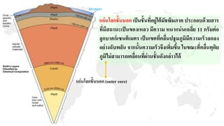 มหาสมุทร
แก่นโลกชั้นนอก เป็นชั้นที่อยู่ใต้มัชฌิมภาค ประกอบด้วยสาร
ที่มีสถานะเป็นของเหลว มีความ หนาแน่นเฉลี่ย 11 กรัมต่อ
ลูกบาศก์เซนติเมตร เป็นเขตที่คลื่นปฐมภูมิมีความเร็วลดลง
อย่างฉับพลัน จากนั้นความเร็วจึงเพิ่มขึ้น ในขณะที่คลื่นทุติย
ภูมิไม่สามารถเคลื่อนที่ผ่านชั้นดังกล่าวได้
แก่นโลกชั้นนอก (outer core)
 
