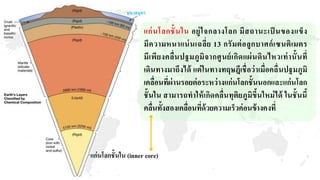 มหาสมุทร
แก่นโลกชั้นใน อยู่ใจกลางโลก มีสถานะเป็ นของแข็ง
มีความหนาแน่นเฉลี่ย 13 กรัมต่อลูกบาศก์เซนติเมตร
มีเพียงคลื่นปฐมภูมิจากศูนย์เกิดแผ่นดินไหวเท่านั้นที่
เดินทางมาถึงได้ แต่ในทางทฤษฎีเชื่อว่าเมื่อคลื่นปฐมภูมิ
เคลื่อนที่ผ่านรอยต่อระหว่างแก่นโลกชั้นนอกและแก่นโลก
ชั้นใน สามารถทาให้เกิดคลื่นทุติยภูมิขึ้นใหม่ได้ ในชั้นนี้
คลื่นทั้งสองเคลื่อนที่ด้วยความเร็วค่อนข้างคงที่
แก่นโลกชั้นใน (inner core)
 