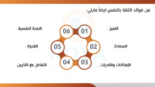 ً‫ا‬‫ايض‬ ‫بالنفس‬ ‫الثقة‬ ‫فوائد‬ ‫من‬
‫مايلي‬
:
06 01
05 02
04 03
‫التميز‬
.
‫السعادة‬
.
‫والقدرات‬ ‫اإلمكانات‬
.
‫النفسية‬ ‫الصحة‬
.
‫القدوة‬
.
‫اآلخرين‬ ‫مع‬ ‫التفاعل‬
.
 