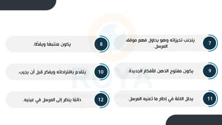 7
‫موقف‬ ‫م‬،‫ف‬ ‫يحاول‬ ‫وهو‬ ‫تحيزاته‬ ‫يتجنب‬
‫المرسل‬
.
8
‫ا‬ ً
‫ويقظ‬ ‫ا‬ ً
،‫منتب‬ ‫و‬ ‫ي‬
.
9
‫الجديدة‬ ‫ار‬ ‫لألف‬ ‫الذهن‬ ‫مفتوح‬ ‫و‬ ‫ي‬
.
10
‫يجيب‬ ‫أ‬ ‫قبل‬ ‫ر‬ ‫ويف‬ ‫باقتراحاته‬ ‫يتقدم‬
.
11
‫المرسل‬ ‫تعنيه‬ ‫ما‬ ‫إطار‬ ‫في‬ ‫اللغة‬ ‫يحلل‬
.
12
‫لينيه‬ ‫في‬ ‫المرسل‬ ‫إلى‬ ‫ينظر‬ ‫ا‬ً
‫م‬‫دائ‬
.
 