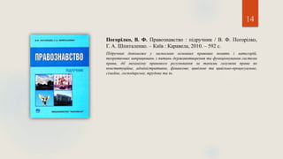 14
Погорілко, В. Ф. Правознавство : підручник / В. Ф. Погорілко,
Г. А. Шпиталенко. – Київ : Каравела, 2010. – 592 с.
Підручник допоможе у засвоєнню основних правових понять і категорій,
теоретичних напрацювань з питань державотворення та функціонування системи
права, дії механізму правового регулювання за такими галузями права як
конституційне, адміністративне, фінансове, цивільне та цивільно-процесуальне,
сімейне, господарське, трудове та ін.
 
