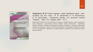 41
Захарченко, П. П. Історія держави і права зарубіжних країн : навч.
посібник для дист. навч. / П. П. Захарченко, О. О. Ковалевська,
О. В. Кузьминець ; Відкритий міжнар. ун-т розвитку людини
"Україна". – Київ : Ун-т Україна, 2005. – 213 с.
Навчальний посібник для дистанційного навчання з історії держави і права зарубіжних
країн створений з урахуванням досвіду подібних видань вітчизняних і зарубіжних
авторів. Посібник містить теоретичний матеріал, поданий за модульним принципом
організації навчального процесу, перелік рекомендованої літератури, питання до іспиту
та для самоконтролю студентів, глосарій термінів, контрольні та підсумкові тести-
тренінги тощо.
 