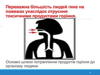 Переважна більшість людей гине на
пожежах унаслідок отруєння
токсичними продуктами горіння.
Основні шляхи потрапляння продуктів горіння до
організму людини
18
.
 