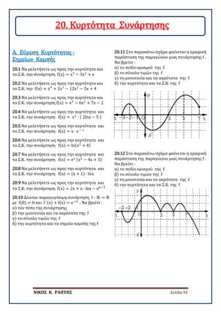 ΝΙΚΟΣ Κ. ΡΑΠΤΗΣ Σελίδα 92
20.1 Να μελετήσετε ως προς την κυρτότητα και
τα Σ.Κ. την συνάρτηση f(x) = x3
− 3x2
+ x
Α. Εύρεση Κυρτότητας -
Σημείων Καμπής
20.2 Να μελετήσετε ως προς την κυρτότητα και
τα Σ.Κ. την f(x) = x4
+ 2x3
− 12x2
− 5x + 4
20.3 Να μελετήσετε ως προς την κυρτότητα και
τα Σ.Κ. την συνάρτηση f(x) = x4
− 6x2
+ 7x − 2
20.4 Να μελετήσετε ως προς την κυρτότητα και
τα Σ.Κ. την συνάρτηση f(x) = x2
∙ ( 2lnx − 5 )
20.5 Να μελετήσετε ως προς την κυρτότητα και
τα Σ.Κ. την συνάρτηση f(x) = x ∙ e − x
20.6 Να μελετήσετε ως προς την κυρτότητα και
τα Σ.Κ. την συνάρτηση f(x) = ln(x2
+ 4)
20.7 Να μελετήσετε ως προς την κυρτότητα και
τα Σ.Κ. την συνάρτηση f(x) = ex (x2
− 4x + 5)
20.8 Να μελετήσετε ως προς την κυρτότητα και
τα Σ.Κ. την συνάρτηση f(x) = (x + 1) ∙ lnx
20.9 Να μελετήσετε ως προς την κυρτότητα και
τα Σ.Κ. την συνάρτηση f(x) = 2x + x ∙ lnx − ex−1
20.10 Δίνεται παραγωγίσιμη συνάρτηση f ∶ ℝ → ℝ
με f(0) = 0 και f′ (x) + f(x) = e−x . Να βρείτε :
α) τον τύπο της συνάρτησης
β) την μονοτονία και τα ακρότατα της f
γ) το σύνολο τιμών της f
δ) την κυρτότητα και τα σημεία καμπής της f
20.11 Στο παρακάτω σχήμα φαίνεται η γραφική
παράσταση της παραγώγου μιας συνάρτησης f .
Να βρείτε :
α) το πεδίο ορισμού της f
β) το σύνολο τιμών της f
γ) τη μονοτονία και τα ακρότατα της f
δ) την κυρτότητα και τα Σ.Κ. της f
20.12 Στο παρακάτω σχήμα φαίνεται η γραφική
παράσταση της παραγώγου μιας συνάρτησης f .
Να βρείτε :
α) το πεδίο ορισμού της f
β) το σύνολο τιμών της f
γ) τη μονοτονία και τα ακρότατα της f
δ) την κυρτότητα και τα Σ.Κ. της f
20. Κυρτότητα Συνάρτησης
 