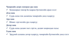 Чамархайн доорх хонхрын урд хана
✓ Хоншоорын төвгөр ба хацрын булчингийн арын хэсэг
Дээд хана
✓ Суурь ясны том далавчны чамархайн доод гадаргуу
Ард хана
✓ Шөвөг сэртэнгийн урд гадаргуу
Дотор хана
✓ Суурь ясны далавч төст сэртэн, далавч хоорондын хальс
Гадна хана
✓ Эрүүний салааны дотор гадаргуу, чамархайн булчингийн доод хэсэг
 