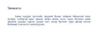 Эмчилгээ
Амны гадуурх зүслэгийг эрүүний буланг тойрсон байдалтай хагас
дугариг хэлбэрээр арьс, арьсан доорх өөхөн эслэг, хальс булчинд хийж
эрүүний салаанд хүрээд далавч төст дотор булчинг хурц аргаар салган
багажаар тэлж идээг гадагшлуулна.
 