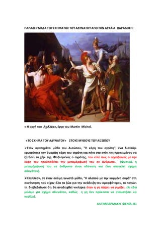 ΠΑΡΑΔΕΙΓΜΑΤΑ ΤΟΥ ΣΧΗΜΑΤΟΣ ΤΟΥ ΑΔΥΝΑΤΟΥ ΑΠΟ ΤΗΝ ΑΡΧΑΙΑ ΠΑΡΑΔΟΣΗ:
« Η οργή του Αχιλλέα», έργο του Martin Michel.
«ΤΟ ΣΧΗΜΑ ΤΟΥ ΑΔΥΝΑΤΟΥ» ΣΤΟΥΣ ΜΥΘΟΥΣ ΤΟΥ ΑΙΣΩΠΟΥ
Στον αγαπημένο μύθο του Αισώπου, "Η κόρη του αγρότη", ένα λιοντάρι
ερωτεύτηκε την όμορφη κόρη του αγρότη και πήγε στο σπίτι της προκειμένου να
ζητήσει το χέρι της. Φοβισμένος ο αγρότης, του είπε πως ο αρραβώνας με την
κόρη του προϋποθέτει την μεταμόρφωσή του σε άνθρωπο. (Φυσικά, η
μεταμόρφωσή του σε άνθρωπο είναι αδύνατη και έτσι αποτελεί σχήμα
αδυνάτου).
Επιπλέον, σε έναν ακόμη γνωστό μύθο, "Η αλεπού με την κομμένη ουρά" στη
συνάντηση που είχαν όλα τα ζώα για την ανάδειξη του ομορφότερου, το παγώνι
τη διαβεβαίωσε ότι θα αναδειχθεί νικήτρια όταν η γη πάψει να γυρίζει. (Κι εδώ
μιλάμε για σχήμα αδυνάτου, καθώς η γη δεν πρόκειται να σταματήσει να
γυρίζει).
ΑΛΤΙΜΠΑΡΜΑΚΗ ΦΕΝΙΑ, Β1
 