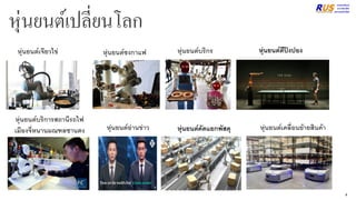 หุ่นยนต์เปลี่ยนโลก
หุ่นยนต์เจียวไข่ หุ่นยนต์ชงกาแฟ หุ่นยนต์บริกร หุ่นยนต์ตีปิงปอง
หุ่นยนต์บริการสถานีรถไฟ
เมืองจี่หนานมณฑลซานตง หุ่นยนต์คัดแยกพัสดุ หุ่นยนต์เคลื่อนย้ายสินค้า
หุ่นยนต์อ่านข่าว
4
 