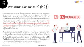 ความฉลาดทางอารมณ์ (EQ)
ไม่มีใครอยากทางานกับคนที่ไม่มีวุฒิภาวะทางอารมณ์! แน่นอนว่าหุ่นยนต์
นั้นไร้ความรู้สึก และสามารถตอบโต้ได้ตามที่ตั้งค่าไว้ได้เท่านั้น ซึ่งจุดนี้ทาให้
มนุษย์แตกต่างและซับซ้อนมากกว่าหุ่นยนต์ การใช้เหตุผลและสามารถ
ควบคุมอารมณ์ตัวเองได้นั้น ถือเป็นสกิลที่สาคัญในปัจจุบัน เพราะ การ
ทางานร่วมกับคนอื่น ต้องรู้จักประนีประนอมและพูดคุยกันด้วยเหตุผลเพื่อ
แก้ไขปัญหาต่างๆ ซึ่งจะทาให้การทางานนั้นราบรื่น และสามารถทาให้ทีมงาน
อยู่ร่วมกันได้อย่างสงบสุข
ถ้าเราไม่สามารถแยกอารมณ์ส่วนตัวออกจากงานได้เราอาจจะโดนหุ่นยนต์ที่
ไม่มีปัญหาเรื่องอารมณ์ที่แปรปรวนเข้ามาแทนที่ก็เป็นได้ สกิลเหล่านี้ถือเป็น
สิ่งที่มนุษย์มี แต่หุ่นยนต์ยังไม่สามารถพัฒนาไปถึง ซึ่งส่วนมากเป็น Soft
Skills ที่มนุษย์มีมาตั้งแต่เกิด และสามารถฝึกฝนพัฒนาให้ใช้งานได้อย่างมี
ประสิทธิภาพมากยิ่งขึ้นได้ซึ่งทาให้เรานั้นแตกต่างจากหุ่นยนต์
WWW.RMUTSB.AC.TH
6
VectorStock
SOURCE: ADAPTIVITY.US
41
 