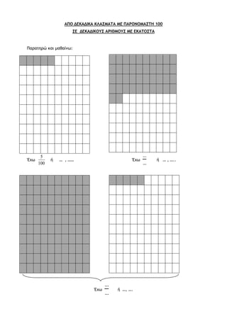 ΑΠΟ ΔΕΚΑΔΙΚΑ ΚΛΑΣΜΑΤΑ ΜΕ ΠΑΡΟΝΟΜΑΣΤΗ 100
ΣΕ ΔΕΚΑΔΙΚΟΥΣ ΑΡΙΘΜΟΥΣ ΜΕ ΕΚΑΤΟΣΤΑ
Παρατηρώ και μαθαίνω:
Έχω
100
5
ή … , …… Έχω ή … , …..
Έχω ή …, ….
 