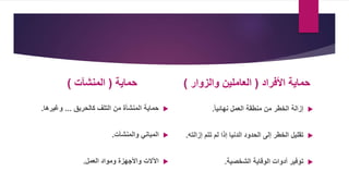 ‫حماية‬
(
‫المنشآت‬
)

‫كالحريق‬ ‫التلف‬ ‫من‬ ‫المنشأة‬ ‫حماية‬
...
‫وغيرها‬
.

‫المباني‬
‫والمنشأت‬
.

‫العمل‬ ‫ومواد‬ ‫واألجهزة‬ ‫اآلالت‬
.
‫األفراد‬ ‫حماية‬
(
‫والزوار‬ ‫العاملين‬
)

‫نهائيا‬ ‫العمل‬ ‫منطقة‬ ‫من‬ ‫الخطر‬ ‫إزالة‬
.

‫إزال‬ ‫تتم‬ ‫لم‬ ‫إذا‬ ‫الدنيا‬ ‫الحدود‬ ‫إلى‬ ‫الخطر‬ ‫تقليل‬
‫ته‬
.

‫الوقاية‬ ‫أدوات‬ ‫توفير‬
‫الشخصية‬
.
 