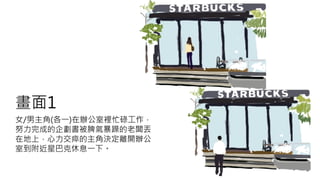 畫面1
女/男主角(各一)在辦公室裡忙碌工作，
努力完成的企劃書被脾氣暴躁的老闆丟
在地上，心力交瘁的主角決定離開辦公
室到附近星巴克休息一下。
 