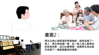 畫面2：
男女主角心情低落的等著咖啡，這時走進了一
家人，男主角抬頭一看，在一家人身上看到幼
時自身投影：自己比賽得獎，爸媽帶主角去星
巴克買了一塊蛋糕慶祝的情景。
 