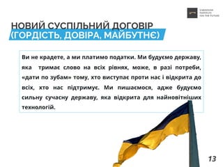 НОВИЙ СУСПІЛЬНИЙ ДОГОВІР
(ГОРДІСТЬ, ДОВІРА, МАЙБУТНЄ)
Ви не крадете, а ми платимо податки. Ми будуємо державу,
яка тримає слово на всіх рівнях, може, в разі потреби,
«дати по зубам» тому, хто виступає проти нас і відкрита до
всіх, хто нас підтримує. Ми пишаємося, адже будуємо
сильну сучасну державу, яка відкрита для найновітніших
технологій.
13
 