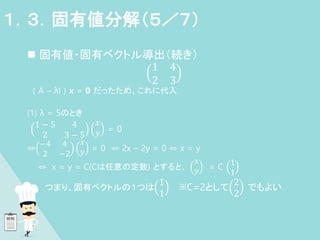  固有値・固有ベクトル導出（続き）
1 4
2 3
( A – λI ) x = 0 だったため、これに代入
(1) λ = 5のとき
1 − 5 4
2 3 − 5
𝑥
𝑦 = 0
⇔
−4 4
2 −2
𝑥
𝑦 = 0 ⇔ 2x – 2y = 0 ⇔ x = y
⇔ x = y = C(Cは任意の定数) とすると、
𝑥
𝑦 = C
1
1
つまり、固有ベクトルの１つは
1
1
※C=2として
2
2
でもよい
１．３．固有値分解（５／７）
 