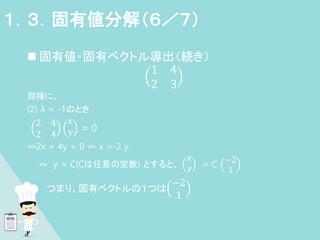  固有値・固有ベクトル導出（続き）
1 4
2 3
同様に、
(2) λ = -1のとき
2 4
2 4
𝑥
𝑦 = 0
⇔2x + 4y = 0 ⇔ x =-2 y
⇔ y = C(Cは任意の定数) とすると、
𝑥
𝑦 = C
−2
1
つまり、固有ベクトルの１つは
−2
1
１．３．固有値分解（６／７）
 