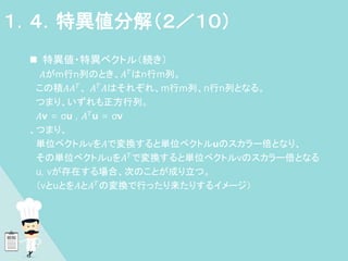  特異値・特異ベクトル（続き）
𝐴がm行n列のとき、𝐴𝑇はn行m列。
この積𝐴𝐴𝑇、 𝐴𝑇𝐴はそれぞれ、m行m列、n行n列となる。
つまり、いずれも正方行列。
𝐴v = σu , 𝐴𝑇u = σv
、つまり、
単位ベクトルvを𝐴で変換すると単位ベクトルuのスカラー倍となり、
その単位ベクトルuを𝐴𝑇で変換すると単位ベクトルvのスカラー倍となる
u, vが存在する場合、次のことが成り立つ。
（vとuとを𝐴と𝐴𝑇の変換で行ったり来たりするイメージ）
１．４．特異値分解（２／１０）
 