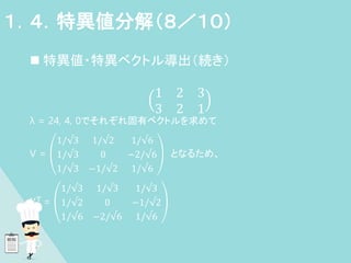  特異値・特異ベクトル導出（続き）
1 2 3
3 2 1
λ = 24, 4, 0でそれぞれ固有ベクトルを求めて
V =
1/√3 1/√2 1/√6
1/√3 0 −2/√6
1/√3 −1/√2 1/√6
となるため、
𝑉T =
1/√3 1/√3 1/√3
1/√2 0 −1/√2
1/√6 −2/√6 1/√6
１．４．特異値分解（８／１０）
 