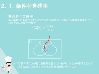  条件付き確率
ある事象Yの条件下においてXが起こる確率は、Yが起こる確率の事象のうち、
XとYが起こる確率の確率
P |
X Y =
P X,Y
P Y
※ Yの条件下でXが起こる確率と言っているのに X | Yの順序となって
いるのはX under Y といった英語表現だかららしい
２．１．条件付き確率
U X Y
 