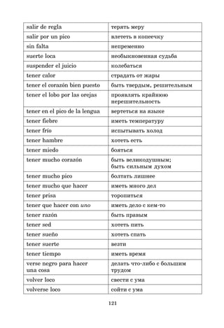 121
salir de regla терять меру
salir por un pico влететь в копеечку
sin falta непременно
suerte loca необыкновенная судьба
suspender el juicio колебаться
tener calor страдать от жары
tener el corazón bien puesto быть твердым, решительным
tener el lobo por las orejas проявлять крайнюю
нерешительность
tener en el pico de la lengua вертеться на языке
tener fiebre иметь температуру
tener frío испытывать холод
tener hambre хотеть есть
tener miedo бояться
tener mucho corazón быть великодушным;
быть сильным духом
tener mucho pico болтать лишнее
tener mucho que hacer иметь много дел
tener prisa торопиться
tener que hacer con uno иметь дело с кем*то
tener razón быть правым
tener sed хотеть пить
tener sueño хотеть спать
tener suerte везти
tener tiempo иметь время
verse negro para hacer делать что*либо с большим
una cosa трудом
volver loco свести с ума
volverse loco сойти с ума
 