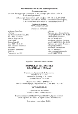 Оптовая торговля:
Книги издательства «КАРО» можно приобрести:
в СанктПетербурге: ул. Бронницкая, 44. тел./факс: (812) 5759439, 3208479
еmail: karo@peterstar.ru
в Москве: ул. Стахановская, д. 24. тел./факс: (499) 1715322, 1740964
Почтовый адрес: 109125, Москва, 2ой Грайвороновский проезд,
д. 32А, еmail: moscow@karo.net.ru, karo.moscow@gmail.com.
в Москве:
Торговый дом «БиблиоГлобус»,
тел.: (495) 9283567, 9244680
«Московский дом книги»,
тел.: (495) 7893591
Дом книги «Молодая гвардия»,
тел.: (495) 2385001, 2382686
Торговый дом книги «Москва»,
тел.: (495) 2296483
Дом книги «Медведково»,
тел.: (495) 4760023
«Дом книги на Ладожской»,
тел.: (495) 2670302
Розничная торговля:
в СанктПетербурге:
«Азбука»,
пр. Обуховской обороны, 103,
тел.: (812) 567-56-65
Санкт-Петербургский
Дом Книги,
Невский пр., 28,
тел.: (812) 448-23-55
Сеть книжных магазинов
«Буквоед»
Магазин в помещении
ЛОИРО,
Чкаловский пр., 25А
Интернетмагазин
WWW.BOOKSTREET.RU
Куцубина Елизавета Вячеславовна
ИСПАНСКАЯ ГРАММАТИКА
В ТАБЛИЦАХ И СХЕМАХ
Ответственный редактор О. П. Панайотти
Редактор Л. Н. Комлева
Технический редактор Ю. В. Гадаева
Дизайн обложки Е. В. Усова
Издательство «КАРО», ЛР № 065644
195027, СанктПетербург, Свердловская наб., д. 60, (812) 5705497
WWW.KARO.SPB.RU
Гигиенический сертификат
№ 78.01.07.953.П.323 от 10.02.2012
Подписано в печать 10.01.2013. Формат 60 х 88 1
/16
. Бумага офсетная.
Печать офсетная. Усл. печ. л. 8. Тираж 3000 экз. Заказ № 01.01
Отпечатано в типографии «КАРО»
 