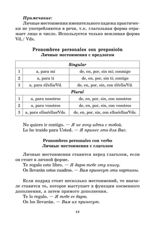 44
Примечание:
Личные местоимения именительного падежа практичес*
ки не употребляются в речи, т.к. глагольная форма отра*
жает лицо и число. Используется только вежливая форма
Vd./ Vds.
Pronombres personales con preposicón
Pronombres personales con preposicón
Pronombres personales con preposicón
Pronombres personales con preposicón
Pronombres personales con preposicón
Личные местоимения с предлогом
Singular
Singular
Singular
Singular
Singular
1 a, para mí de, en, por, sin mí; conmigo
2 a, para ti de, en, por, sin ti; contigo
3 a, para él/ella/Vd. de, en, por, sin, con él/ella/Vd.
Plural
Plural
Plural
Plural
Plural
1 a, para nosotros de, en, por, sin, con nosotros
2 a, para vosotros de, en, por, sin, con vosotros
3 a, para ellos/ellas/Vds. de, en, por, sin, con ellos/ellas/Vds.
No quiero ir contigo. — Я не хочу идти с тобой.
Lo he traído para Usted. — Я принес это для Вас.
Pronombres personales con verbo
Личные местоимения с глаголом
Личные местоимения ставятся перед глаголом, если
он стоит в личной форме.
Te regalo este libro. — Я дарю тебе эту книгу.
Os llevarán estos cuadros. — Вам принесут эти картины.
Если подряд стоят несколько местоимений, то внача*
ле ставится то, которое выступает в функции косвенного
дополнения, а затем прямого дополнения.
Te lo regalo. — Я тебе ее дарю.
Os los llevarán. — Вам их принесут.
 