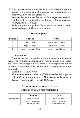 46
2. Притяжательные местоимения согласуются в роде и
числе (1 и 2 лицо мн.ч.) с предметом, к которому от*
носятся, а не с его обладателем.
Vuestros hermanos son fuertes. — Ваши братья сильные.
Son libros de mi amigo. Son sus libros. — Это книги мое
го друга. Это его книги.
Es la cama de mis padres. Es su cama. — Это кровать
моих родителей. Это их кровать.
Полные формы
Persona Singular Plural
1 mío — мой nuestro/a — наш
2 tuyo — твой vuestro/a — ваш
3 suyo — его, ее, Ваш suyo — их, Ваши
Примечание:
Полные формы употребляются в основном в функции
существительных и принимают род и число существи*
тельного, на которое указывают или которое заменяют
(в этом случае они употребляются с определенным ар*
тиклем).
¡Dios mío! — Боже мой!
Mi novio trabaja en la bolsa. ¿Y dónde trabaja el tuyo? —
¿El mío? En una empresa. — Мой жених работает на
бирже. А где твой? — Мой? В фирме.
Pronombres demonstrativos
Указательные местоимения
Singular Plural
masculino este — этот estos — эти
ese — этот, тот esos — эти, те
aquel — тот aquellos — те
 