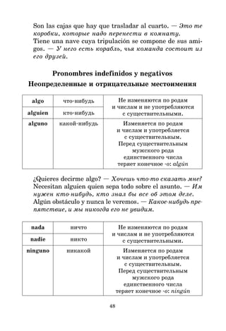 48
Son las cajas que hay que trasladar al cuarto. — Это те
коробки, которые надо перенести в комнату.
Tiene una nave cuya tripulación se compone de sus ami-
gos. — У него есть корабль, чья команда состоит из
его друзей.
Pronombres indefinidos y negativos
Неопределенные и отрицательные местоимения
algo что*нибудь Не изменяются по родам
и числам и не употребляются
alguien кто*нибудь с существительными.
alguno какой*нибудь Изменяется по родам
и числам и употребляется
с существительным.
Перед существительным
мужского рода
единственного числа
теряет конечное *o: algún
¿Quieres decirme algo? — Хочешь чтото сказать мне?
Necesitan alguien quien sepa todo sobre el asunto. — Им
нужен ктонибудь, кто знал бы все об этом деле.
Algún obstáculo y nunca le veremos. — Какоенибудь пре
пятствие, и мы никогда его не увидим.
nada ничто Не изменяются по родам
и числам и не употребляются
nadie никто с существительными.
ninguno никакой Изменяется по родам
и числам и употребляется
с существительным.
Перед существительным
мужского рода
единственного числа
теряет конечное *o: ningún
 