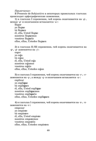 69
Примечание:
В Presente de Subjuntivo в некоторых правильных глаголах
происходят орфографические изменения.
1) в глаголах I спряжения, чей корень оканчивается на *g*,
между *g* и окончанием вставляется *u*:
llegar
yo llegu
u
u
u
ue
tú llegu
u
u
u
ues
él, ella, Usted llegu
u
u
u
ue
nosotros llegu
u
u
u
uemos
vosotros llegu
u
u
u
uéis
ellos, ellas, Ustedes llegu
u
u
u
uen
2) в глаголах II/III спряжения, чей корень оканчивается на
*g*, *g* заменяется на *j*:
coger
yo coj
j
j
j
ja
tú coj
j
j
j
jas
él, ella, Usted coj
j
j
j
ja
nosotros coj
j
j
j
jamos
vosotros coj
j
j
j
jáis
ellos, ellas, Ustedes coj
j
j
j
jan
3) в глаголах I спряжения, чей корень оканчивается на *c*, *c*
заменяется на *q*, а между *q* и окончанием вставляется *u*:
explicar
yo expliqu
qu
qu
qu
que
tú expliqu
qu
qu
qu
ques
él, ella, Usted expliqu
qu
qu
qu
que
nosotros expliqu
qu
qu
qu
quemos
vosotros expliqu
qu
qu
qu
quéis
ellos, ellas, Ustedes expliqu
qu
qu
qu
quen
4) в глаголах I спряжения, чей корень оканчивается на *z*, *z*
заменяется на *c*:
empezar
yo empiec
c
c
c
ce
tú empiec
c
c
c
ces
él, ella, Usted empiec
c
c
c
ce
nosotros empec
c
c
c
cemos
vosotros empec
c
c
c
céis
ellos, ellas, Ustedes empiec
c
c
c
cen
 