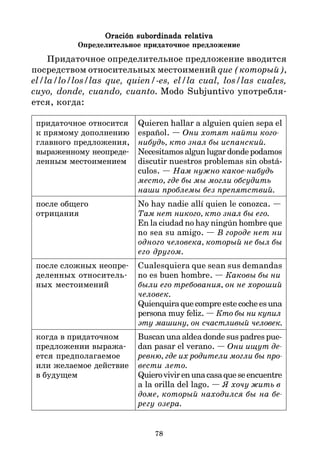 78
Oración subordinada relativa
Oración subordinada relativa
Oración subordinada relativa
Oración subordinada relativa
Oración subordinada relativa
Определительное придаточное предложение
Придаточное определительное предложение вводится
посредством относительных местоимений que (который),
el/la/lo/los/las que, quien/-es, el/la cual, los/las cuales,
cuyo, donde, cuando, cuanto. Modo Subjuntivo употребля*
ется, когда:
придаточное относится Quieren hallar a alguien quien sepa el
к прямому дополнению español. — Они хотят найти кого
главного предложения, нибудь, кто знал бы испанский.
выраженному неопреде* Necesitamos algun lugar donde podamos
ленным местоимением discutir nuestros problemas sin obstá-
culos. — Нам нужно какоенибудь
место, где бы мы могли обсудить
наши проблемы без препятствий.
после общего No hay nadie allí quien le conozca. —
отрицания Там нет никого, кто знал бы его.
En la ciudad no hay ningún hombre que
no sea su amigo. — В городе нет ни
одного человека, который не был бы
его другом.
после сложных неопре* Cualesquiera que sean sus demandas
деленных относитель* no es buen hombre. — Каковы бы ни
ных местоимений были его требования, он не хороший
человек.
Quienquira que compre este coche es una
persona muy feliz. — Кто бы ни купил
эту машину, он счастливый человек.
когда в придаточном Buscan una aldea donde sus padres pue-
предложении выража* dan pasar el verano. — Они ищут де
ется предполагаемое ревню, где их родители могли бы про
или желаемое действие вести лето.
в будущем Quierovivirenunacasaqueseencuentre
a la orilla del lago. — Я хочу жить в
доме, который находился бы на бе
регу озера.
 