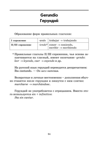 94
Gerundio
Герундий
Образование форм правильных глаголов:
I спряжение *ando trabajar → trabajando
II/III спряжение *iendo* comer → comiendo,
escribir → escribiendo
* Правильные глаголы II/III спряжения, чья основа за*
канчивается на гласный, имеют окончание *yendo:
leer → leyendo, caer → cayendo и др.
На русский язык герундий переводится деепричастием:
Iba cantando. — Он шел напевая.
Возвратные и личные местоимения – дополнения обыч*
но ставятся после герундия и пишутся с ним слитно:
marcharse → marchándose.
Герундий не употребляется с отрицанием. Вместо это*
го используется sin + infinitivo:
Iba sin cantar.
 